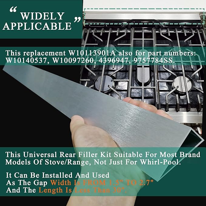 36" Slide In Range or Stove Rear Filler Trim Kit, Universal Fill Strip for Gap Between Slide-In Stove Range and Wall, W10113901A Compatible with Whirlpool and Most Brand, Durable Aluminum, Sliver