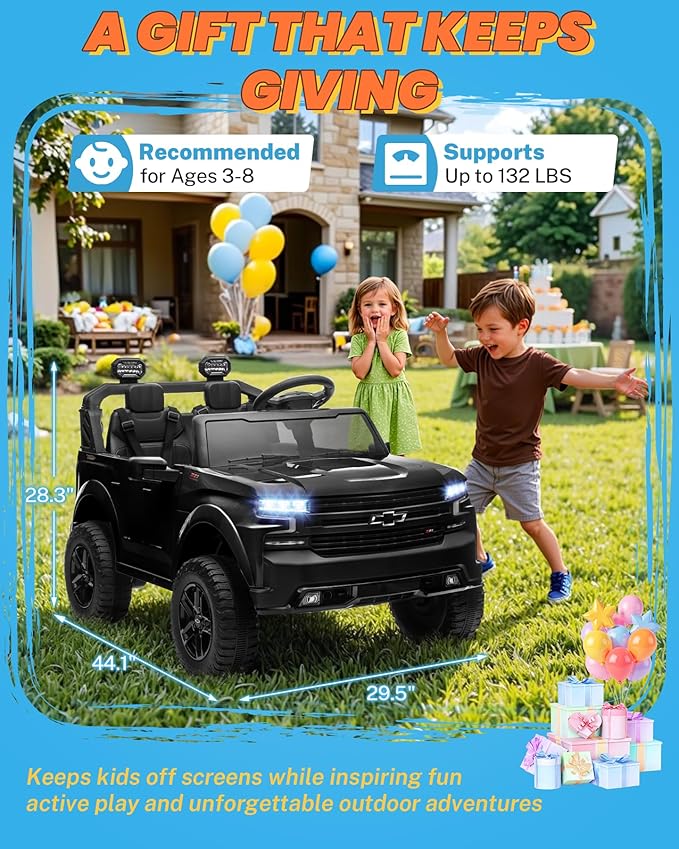 ENYOPRO 24V Ride on Toys, Licensed Chevrolet Silverado LT Trail Boss 2 Seater Ride on Car for Kids, Toddler Electric Car w/Remote Control, Safety Belt, Truck Bed Storage, LED Lights, Bluetooth, Black