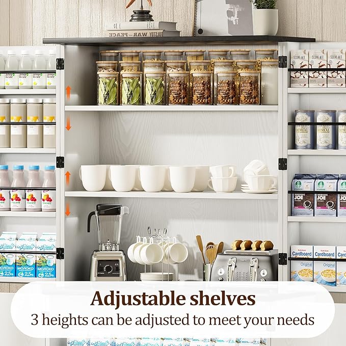 72" Kitchen Pantry Storage Cabinet, Farmhouse Pantry Cabinet with 8 Hanging Rack Shelves & 3 Pull-Out Racks, Pantry Storage Cabinet, Freestanding Cupboard for Kitchen, Dining Room, White