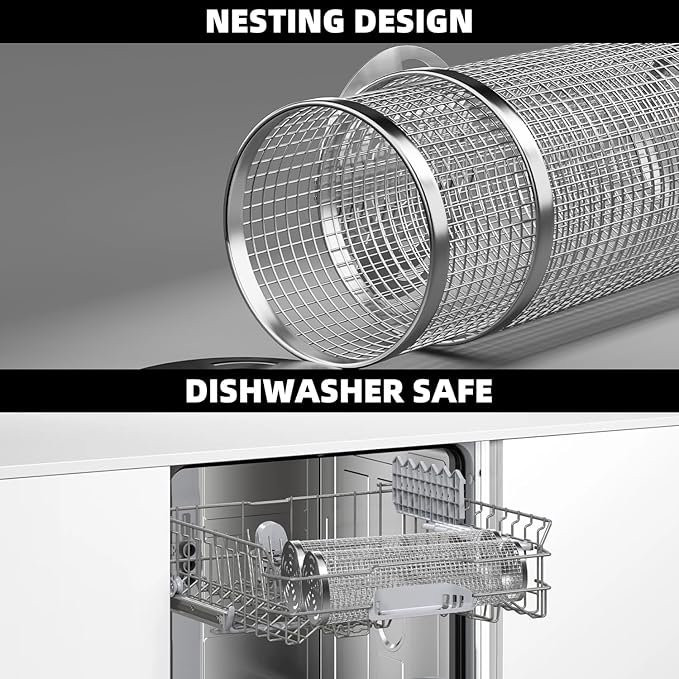 Rolling Grill Basket Grilling Gifts for Men, Nesting Grilling Baskets for Vegetable Small Meat, Removable Handle, 304 Stainless Steel, Outdoor Grill Accessory BBQ Gift for Birthday & Christmas