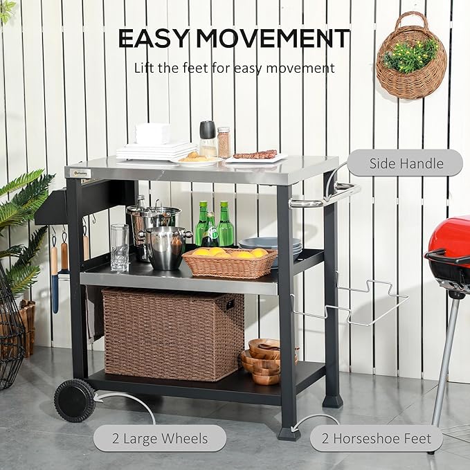 CHARMMA Three-Shelf Outdoor Grill Cart with Stainless Steel Tabletop, Side Handle, 32" x 20.5" Multifunctional Pizza Oven Stand, Movable Food Prep Table on Wheels, 39.25x25.50x33in