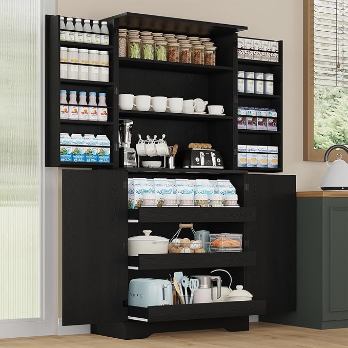 72" Kitchen Pantry Cabinet Storage, Farmhouse Pantry Cabinet with 8 Hanging Rack Shelves & 3 Pull-Out Racks, Pantry Storage Cabinet, Freestanding Cupboard for Kitchen, Dining Room, Black