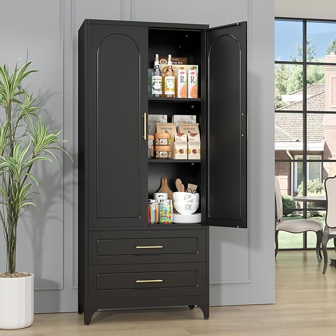 Metal Kitchen Pantry Storage Cabinet with 2 Drawers，75Inch Black Food Pantry Cabinets for Kitchen with 2 Adjustable Shelves，Tall Storage Cupboard for Living Room, Dining Room Office