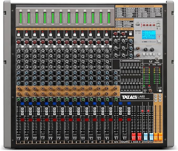 Digital Mixer 16 Channel,Sound Board Mixing Console, Dual DSP Reverb, Dual 7-Band EQ, 48V Phantom Power, 4 Group Stereo Output Input, PAD