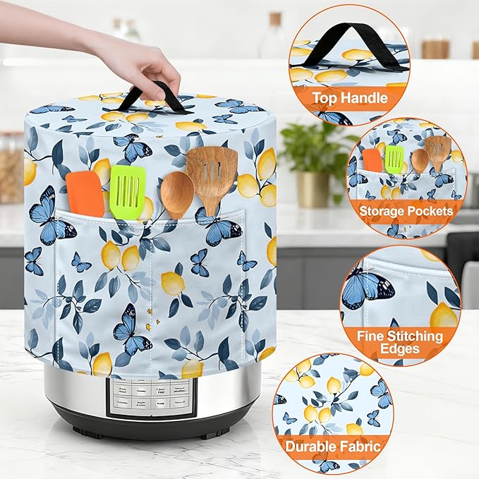 Kitchen Appliance Accessories Dust Cover for 3-6-8 Quart Instant Pot, Pressure Cooker, Air Fryer & Crock Pot,Decorative Appliance Cloth Cover with Top Handle & Storage Pockets (Blue, 3 Quart)