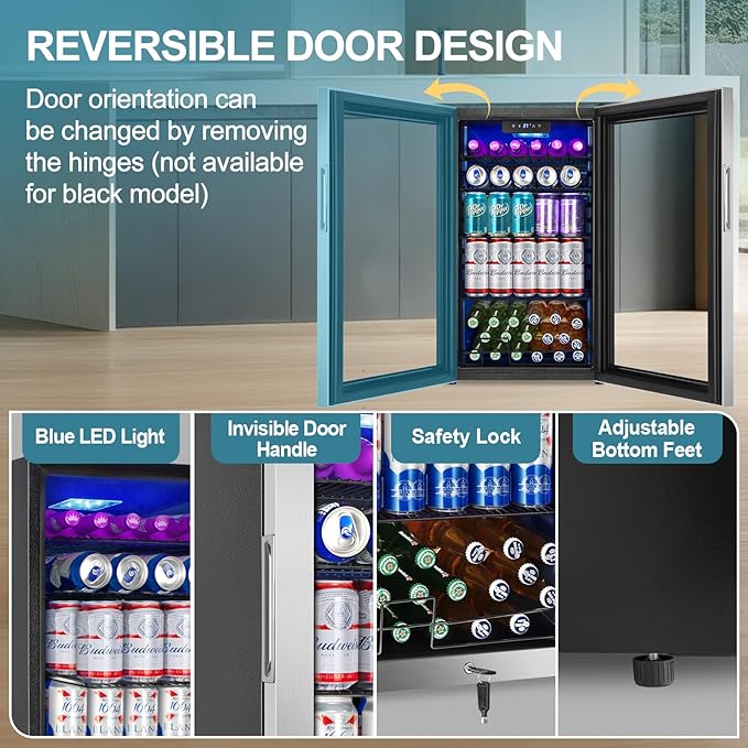 Beverage Refrigerator Cooler, 128 Cans Mini Fridge Glass Door for Drink Beer Soda Wine, 3.2 Cu.Ft Small Fridge for Kitchen Bedroom Office Bar, with 4 Adjustable Removable Shelves, Stainless Steel
