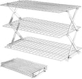 BEWOS 3 Tier Collapsible Cooling Rack - Adjustable Stainless Steel Baking Rack with Mesh Leak Proof，Foldable X-Shaped Structure Cooling Racks for Cooking and Baking, Dishwasher Safe
