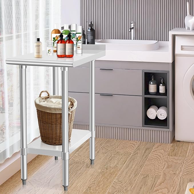 HARDURA Stainless Steel Commercial Work Table Prep Work Metal Table 30×18 Inches with Undershelf and 2" Backsplash Heavy Duty NSF 430 for Kitchen Food Prep