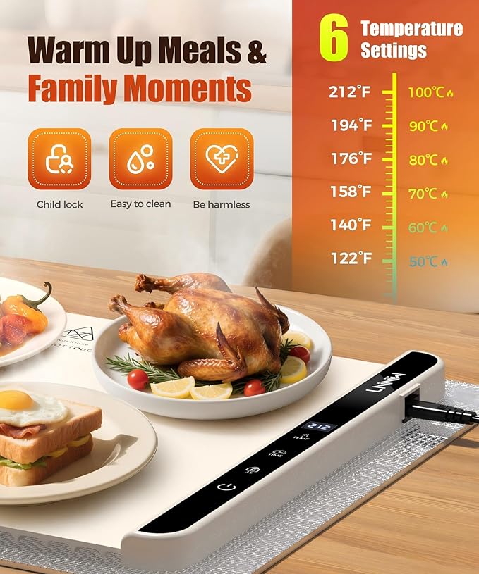 Food Warming Mat with Heat-Resistant Pad, 26X15 Inch, 6-Level Temp 6-Hour Timer, Child Lock Safety,Food Warmer Chafing Dishes for Buffet.