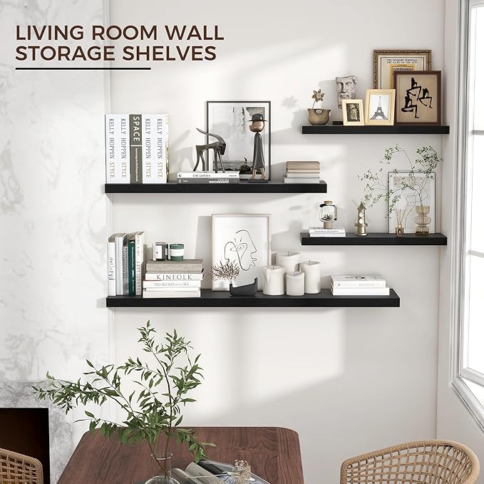 Floating Shelves for Wall 36"W x 7.8"D x 1.5"H, Engineered Wood Wall Shelves with Invisible Brackets for Living Room Bedroom Bathroom Office Kitchen Decor and Storage, Black Finish, Set of 2