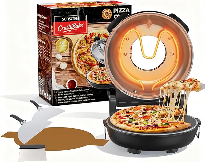 SEMSCHEF 12-Inch CrustyBake Beginner's Glazed Stone Pizza Oven: Quick 800°F Heating, Easy-Clean Design, Recipe Book & All Tools Included - Perfect for First-Time Pizza Makers at Home