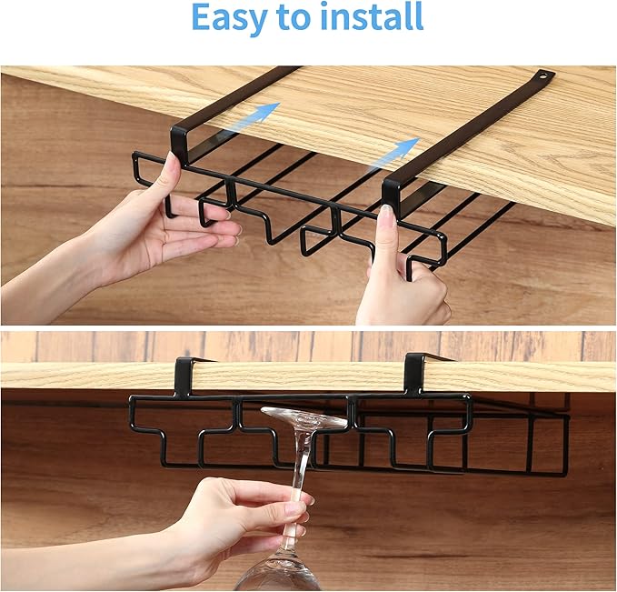 Wine Glass Rack Under Cabinet Drilling Free No Screw Steamware Holder Under Shelf Metal Wine Glasses Holders 304 Stainless Steel Hanger Storage Organizer Hanging Glass Fit for Bar Kitchen 3 Rows Black