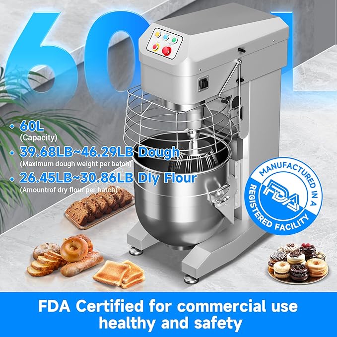 60Qt Commercial Food Mixer, 3500W Heavy Duty Dough Mixer 3-Speeds Adjustable,Electric Commercial Stand Mixer with Stainless Steel Bowl for Kitchenaid Bakery and Pizzeria,220V
