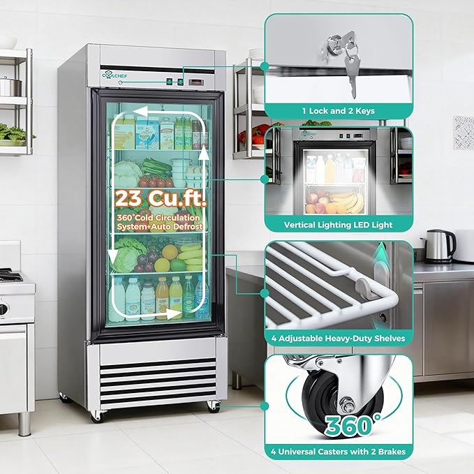 27" Commercial Glass Door Refrigerator, 23 Cu.Ft Single Door Reach-In Cooler, 33-40℉, Low-E Tempered Double Glass, 4 Shelves, R290