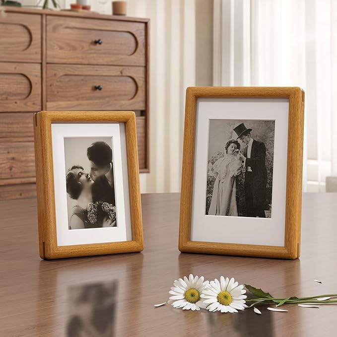 Axeman 4x6 Picture Frame Set of 3 - Solid Teak Wood Frame With Mat for 3x5 - Rounded Corner 4 x 6 Picture Frame with Tempered Glass for Tabletop Display