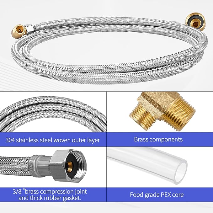 Dishwasher Installation Kit, Braided Stainless Steel Dishwasher Connector, 6 FT Water Supply Line with 3/8 Inch Compression Ends, 3/8 Inch MIP Elbow and 3/4 Inch FHT Elbow, Short Distance Connection