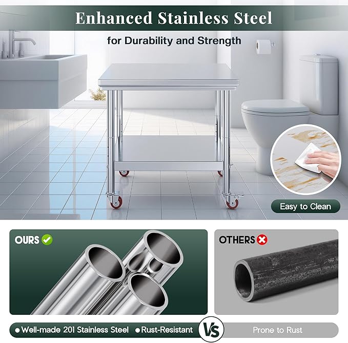 Jocisland 24" x 36" Stainless Steel Table for Prep & Work with Wheels, Adjustable Under Shelf & Safe Design for Restaurant, Home and Outdoor