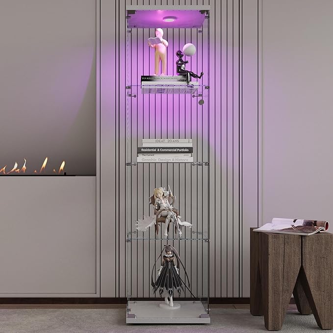 4-Shelf LED Lights Glass Display Cabinet, Floor Standing Glass Curio Cabinet with Door & Lock, Toys & Trophy Display Case for Living Room, Bedroom & Exhibition Hall (White)
