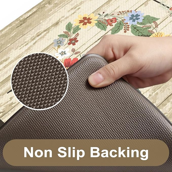 KIMODE Kitchen Floor Mats Cushioned Anti Fatigue,Farmhouse Floral Rugs Sets of 2,Memory Foam Carpet Non Slip,Long Sink Runner for Bathroom Laundry Office,Beige 17"x59"+17"x29"