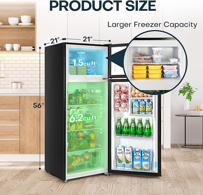 Upstreman 7.7 Cu.Ft. Refrigerator with Freezer, Double Door, Adjustable Thermostat, Large Capacity, Reversible Door Swing, Refrigerator for Apartment, Office, Dorm, Stainless (BD75)