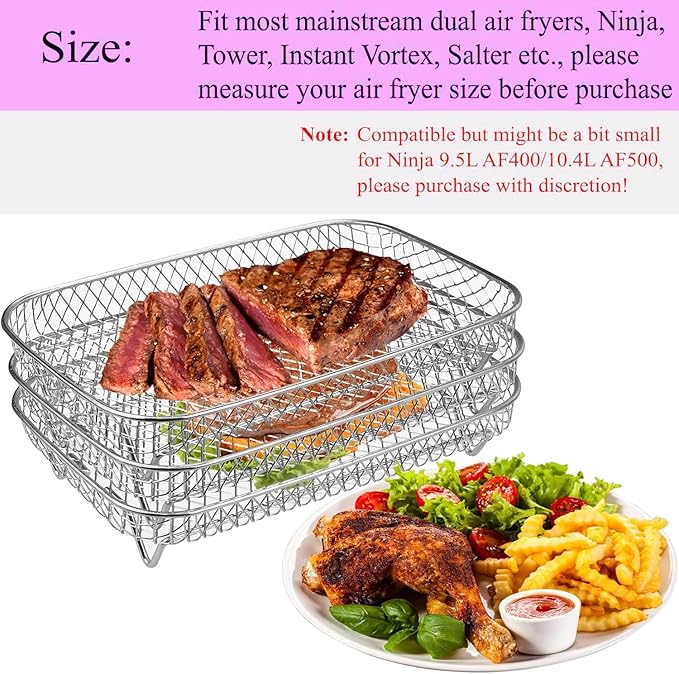 Air Fryer Rack Accessories for Ninja Dual Basket, 3 Layers, 304 Stainless Steel Stackable Bacon Air Fryer Accessories for Ninja AF300UK, Salter/Instant/EMtronics, with Clip