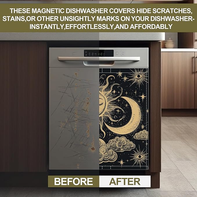 Dishwasher Magnet Cover,Moon Sun Dishwasher Cover Magnetic Cloud Astrology Home Appliances Refrigerator Decorative 23" x 26"