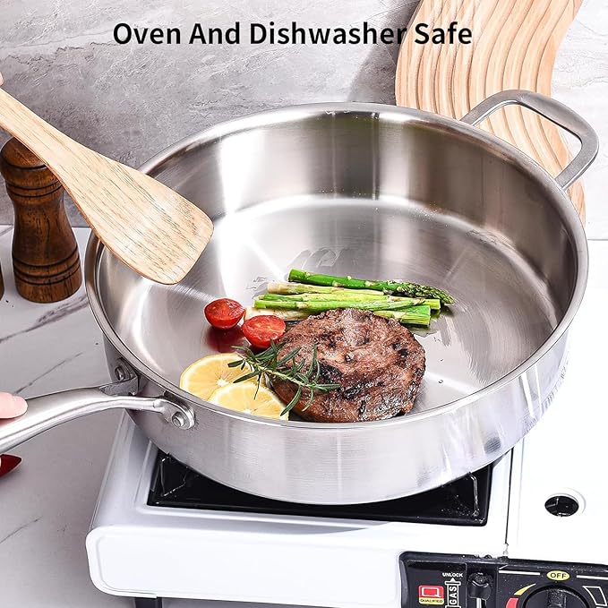 DELARLO Tri-Ply Stainless Steel 7QT Jumbo Cooker Saute Pan With Lid, 12.5 Inch Deep Frying Pan, Induction Large Skillet, Cooker Pan for Chefs, Dishwasher & Oven Safe