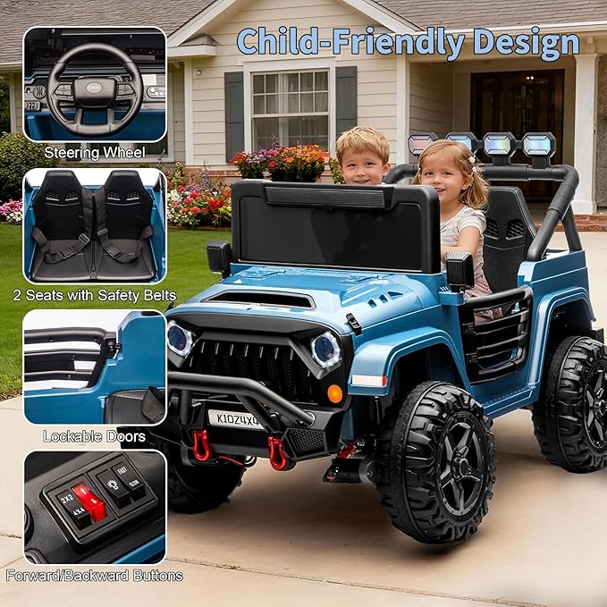 Kids 24v 2-Seater Electric Ride on Car,24v 4x4 Kids Electric Truck with Remote Control,2-Seater Ride-on Car, Spring Suspension & LED Lights for Backyard Exploration
