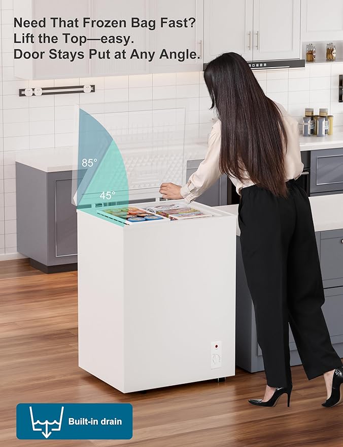 3.5 Cu.Ft Compact Chest Freezer, Energy Saving (0.36kWh/24H) & Ultra-Quiet (<40dB), with Removable Basket, 6-Temp, Manual Defrost Drain, Top Open Door Deep Freezer for Apartment, Dorm, Kitchen, White