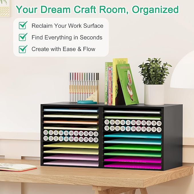 EasyPAG Scrapbook Paper Storage Organizer for Craft Room, 12x12 Paper Storage Desk Shelf, 10 Slot Adjustable File Sorter for Office School Classroom, Black