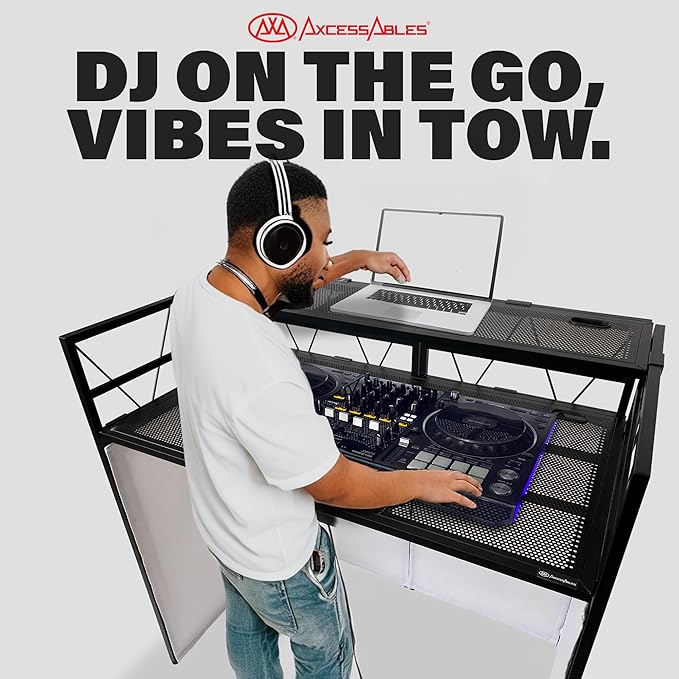 AxcessAbles Two-Tier Portable DJ Booth | Large DJ Table Stand w/ 43"x25" Desk Surface | 2 Ergonomic Table Heights | Black & White Facades, Carry Cases | DJ Laptop Controller Stand