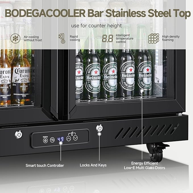 BODEGACOOLER Back Bar Cooler with 2 Glass Doors,7.7 Cu.ft Commercial Back Bar Beverage Refrigerator Counter Height,LED Lighting for Soda Drinks,Beer,Wine Stainless Steel Top,DOE Approved,4 Casters