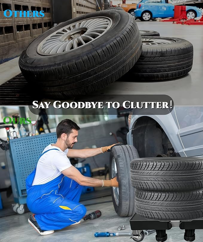 Tire Dolly, Rolling Tire Rack Adjustable,500lb Capacity Tire Storage Rack, Tire Cradles for Up to 6 Wheels,Garage/Workshops/Repair Shop Tire Lift Caddy.