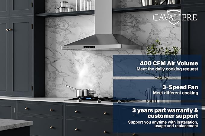 CAVALIERE Digital Wall Mount Range Hood 30 Inch, 3-Year Warranty, Value-Focused 400 CFM, Enhanced Stainless Steel Kitchen Exhaust Fan, LED Light, Baffle Filter, 3 Speed Fan, Touch Control