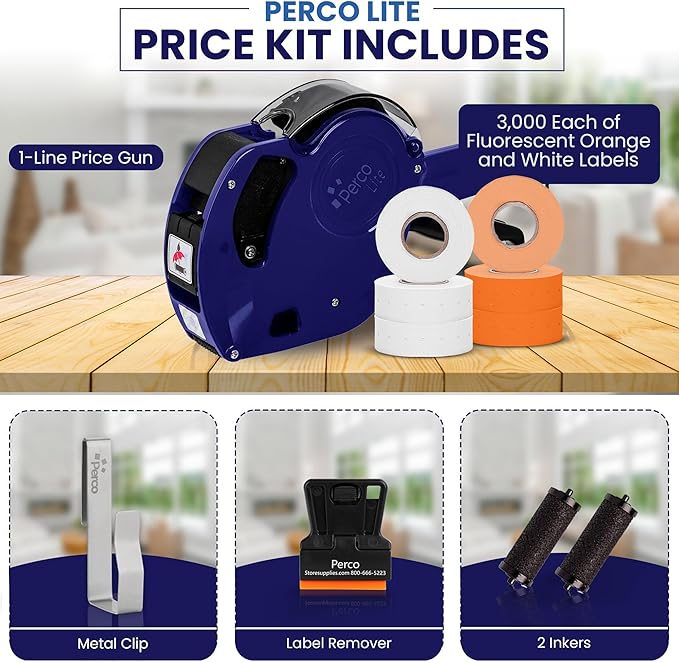 Perco Lite 1 Line Price Gun with Labels Kit - Includes 3 White Rolls, 3 Fluorescent Orange Rolls, 2 Ink Rollers, 1 Ink roll and Labels Pre-Loaded