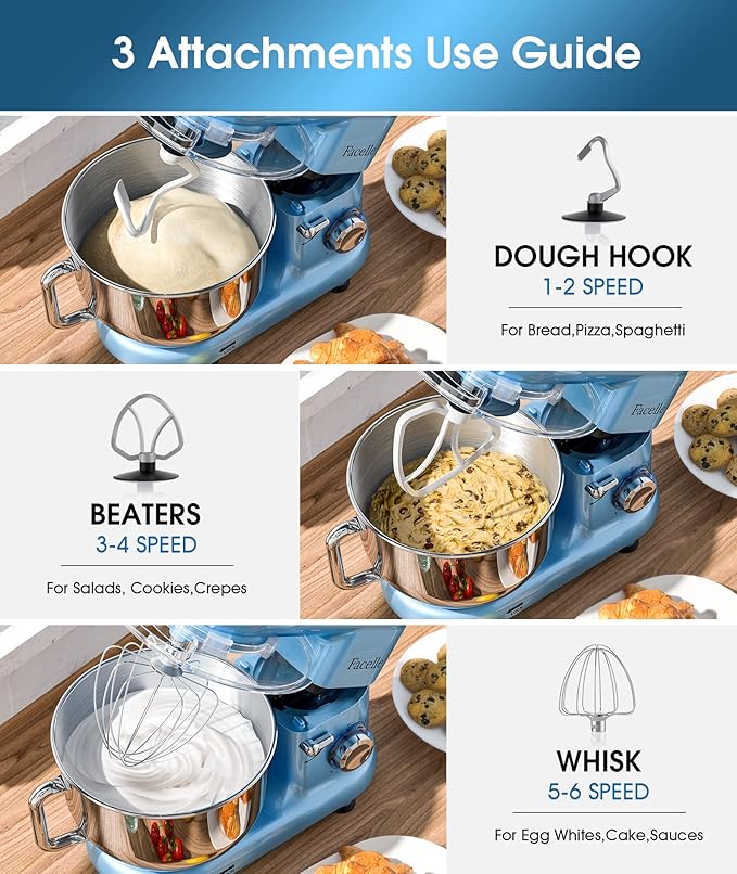 Facelle Stand Mixer, Electric Kitchen Mixer, 660W 6 Speed Tilt-Head stand mixer with Pulse, Attachments include 6.5QT Bowl, Dishwasher Safe Beater,Dough Hook,Whisk for Dough,Baking,Cakes,Cookie-Blue