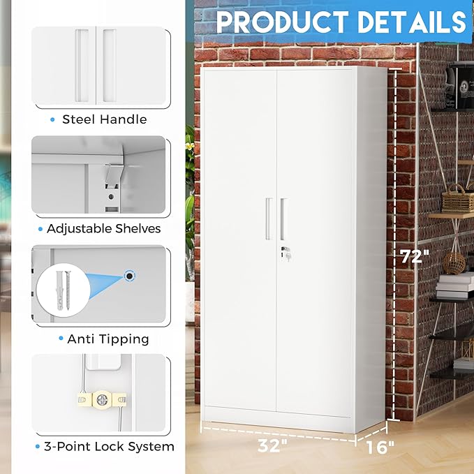 Greenvelly White Metal Storage Cabinet, 72" Steel Locking Cabinet with Doors and 4 Adjustable Shelves, Tall Tool Storage for Home Office, Metal Classroom Cabinet for Garage