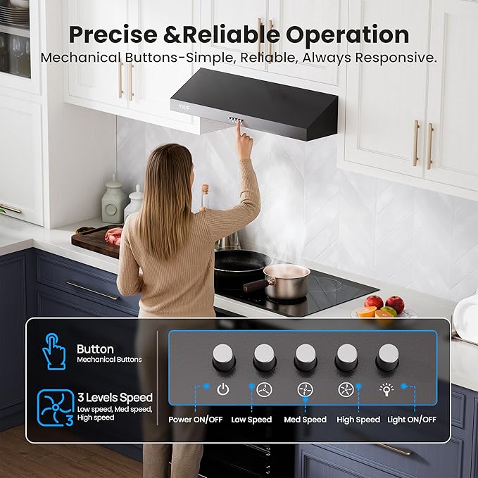 Under Cabinet Range Hood 36 Inch, 580 CFM Dual-Motor Kitchen Vent with LED Lights, Button Control, Ducted Stainless Steel Vent Hood, Reusable 5-Layer Aluminum Filters, Black