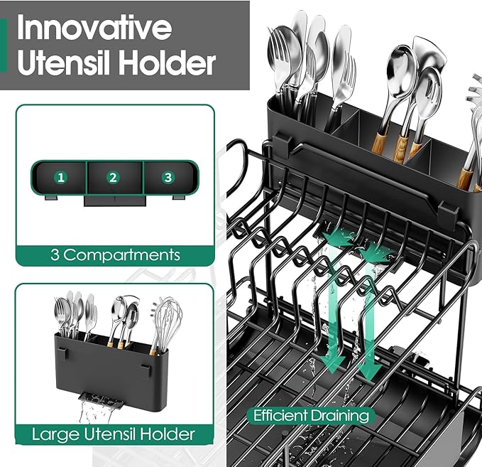 Dish Drying Rack for Kitchen Counter, Expandable 2 Tier Dish Rack, Large Capacity Dish Drainer with Drainboard Multifunctional Dish Strainer with Removable Cutlery Holder Black