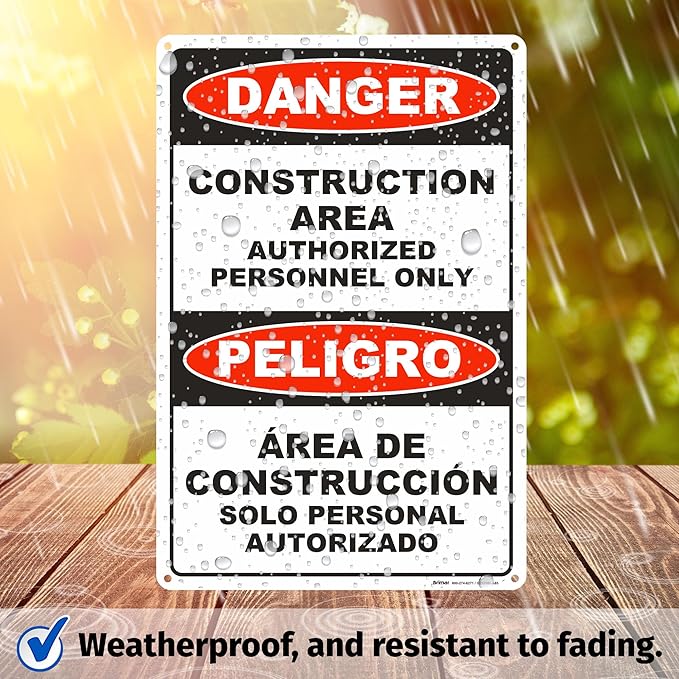 Brimar - 12" x 18" - Bilingual Danger Construction Area Authorized Only Sign - .055″ Polyethylene Plastic - Bold Text - Easy Installation