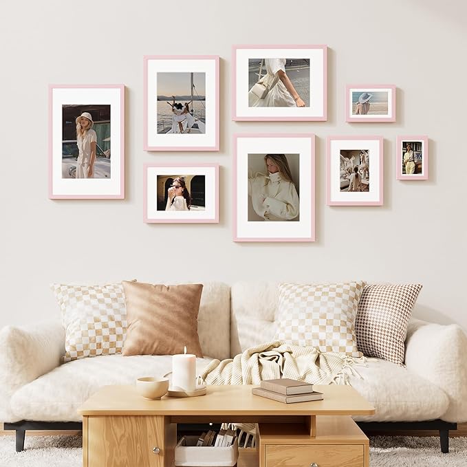 Vittanly 8x10 Picture Frame Set of 2, Solid Wood Frame for Wall or Tabletop, Display Photo 5x7 with Mat or 8x10 without Mat, Pale Pink