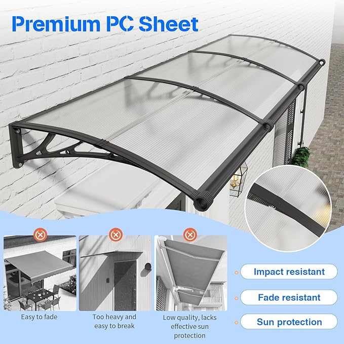 Awning for Door Entrance with Drainage Sink,32x120 Inch Awnings for Doors,Window Canopy Exterior with Plastic Steel Bracket,Polycarbonate Cover,UV,Rain,Snow Protection for House,Porch,Patio,Deck