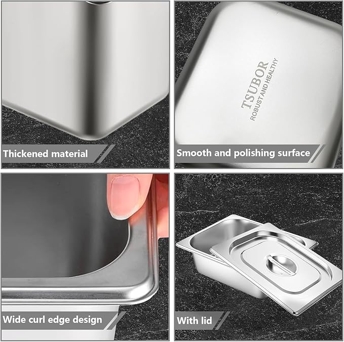 6 Set Stainless Steel Hotel Pans 1/2 Size 2 1/2 Inch Deep With Lids, Anti-Jam Chafing Steam Table Pans, Catering Food Storage Metal Pan