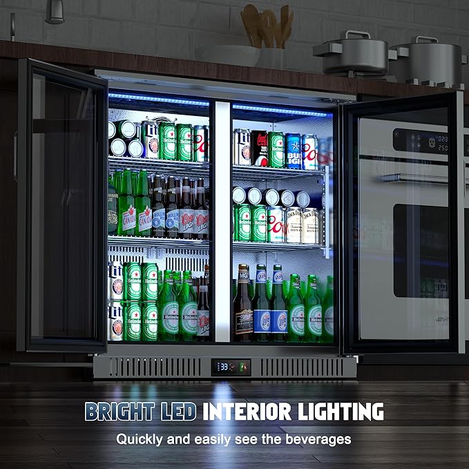 Coolski 36 Inch Back Bar Cooler, Under Counter Beverage Refrigerator with Glass Doors, Commercial Counter Height Display Fridge for Beer Soda, 7.4 Cu.Ft. Capacity/LED Lighting/ETL NSF Approved