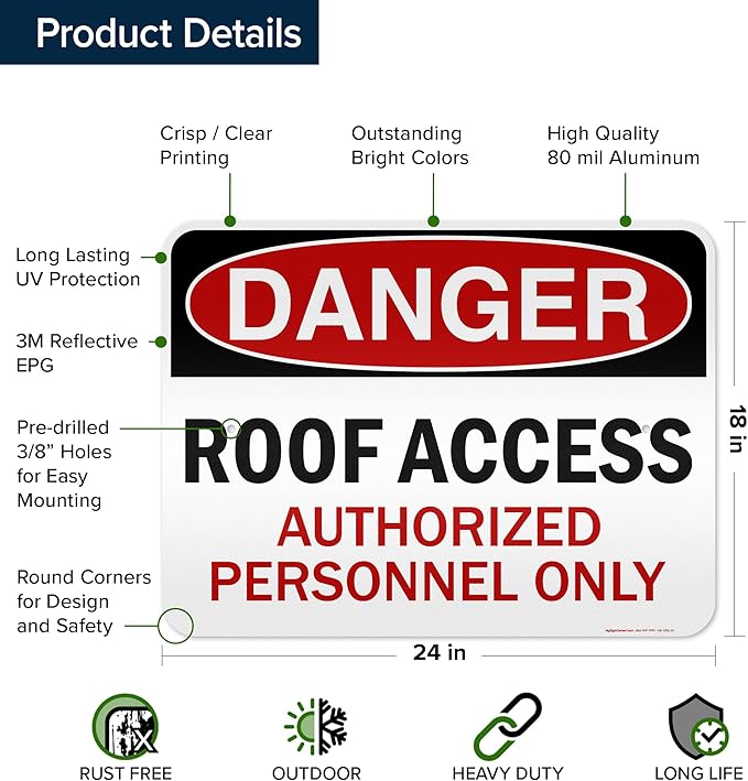 Danger Roof Access Authorized Personnel Only Sign, 18x24 Inches, 3M EGP Reflective, Rust Free .080 Aluminum, Fade Resistant, Made in USA by My Sign Center