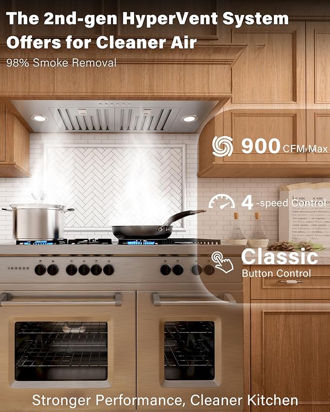 36 inch Stainless Steel Insert Range Hood - 900 CFM, Ultra-Quiet 4-Speed Vent, Button Control, LED Lights, Ducted/Ductless Convertible