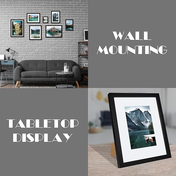 9x11 Picture Frame with Real Glass - Display Pictures 7x9 with Mat or 9x11 without Mat, Photo Frame for Wall or Table Top Display(Black, 3 Pack)