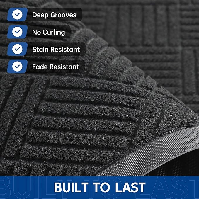 Durable Indoor Outdoor Door Mat, 3' x 6' Heavy Duty Front Door Mat for Entryway, Non-Slip Backing, Stain and Fade Resistant, Absorbent Commercial Floor Mat for High Traffic Area, Black