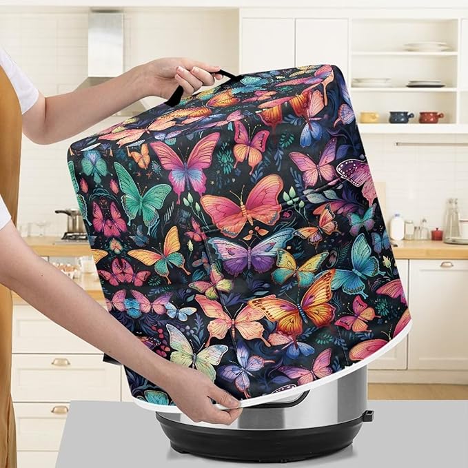 Insulated Pressure Cooker Appliance Cover, Also Fit for Rice Cooker, Air Fryer and Crock Pot, 3 Quart Dust Cover with Pocket for Spoon/Cooking Utensils/Recipes, Washable, Butterfly Various