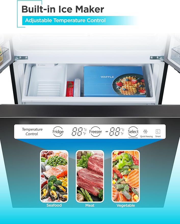 BLACK+DECKER 16 Cu. Ft. French Door Refrigerator with Built-in Ice Maker, Full Size Refrigerator with Bottom Mount Freezer Drawer, Frost Free, ENERGY STAR certified, BRF1600GIMB, Black